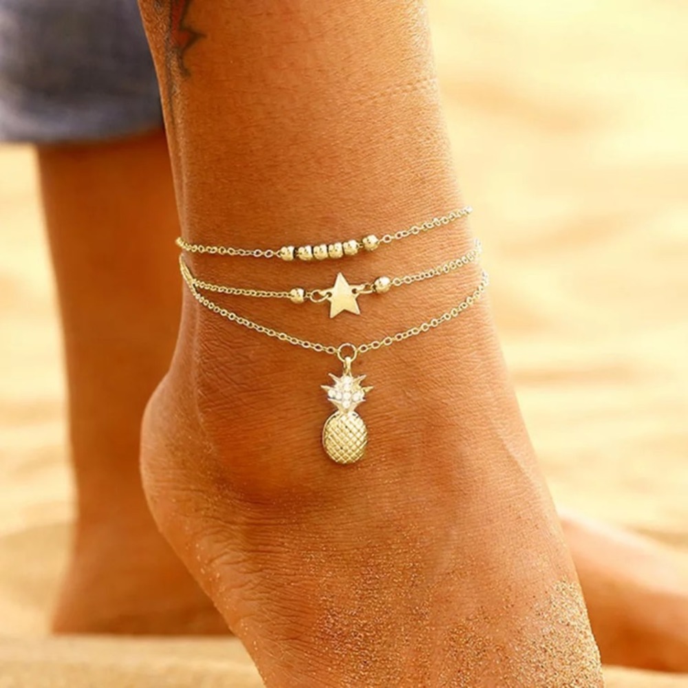 ⚜️[𝟯/$𝟮𝟴]⚜️3 Layered Pineapple Star Anklet NEW - Picture 3 of 10